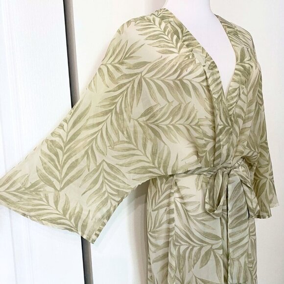 OYSHO WHITE GREEN LEAVES PATTERN SHEER LIGHTWEIGHT BELTED ROBE COVER-UP - M - Picture 4 of 10